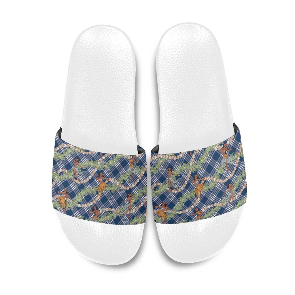Navy Blue Palaka Hula Girls Seamless Hawaii Aloha Slide Sandals - Polynesian Pride