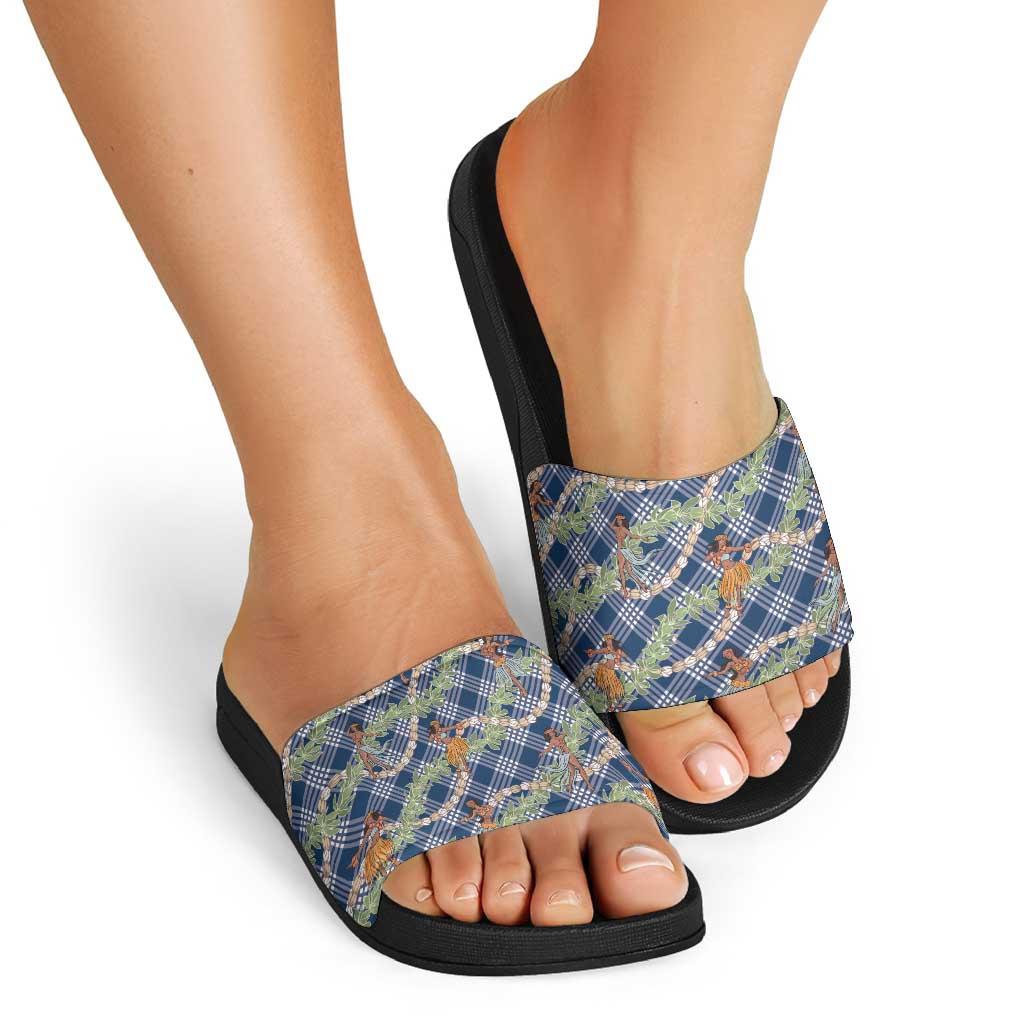 Navy Blue Palaka Hula Girls Seamless Hawaii Aloha Slide Sandals - Polynesian Pride