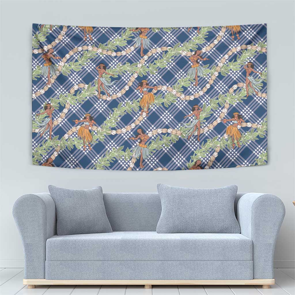 Navy Blue Palaka Hula Girls Seamless Hawaii Aloha Tapestry - Polynesian Pride