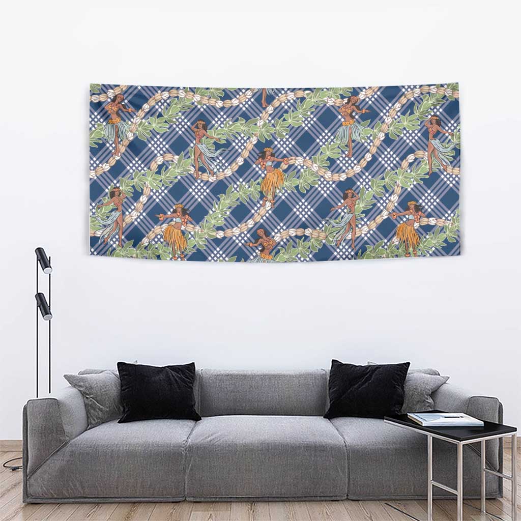 Navy Blue Palaka Hula Girls Seamless Hawaii Aloha Tapestry - Polynesian Pride