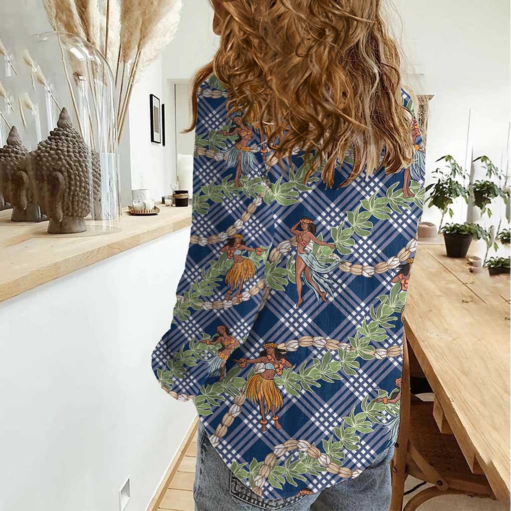 Navy Blue Palaka Hula Girls Seamless Hawaii Aloha Women Casual Shirt - Polynesian Pride