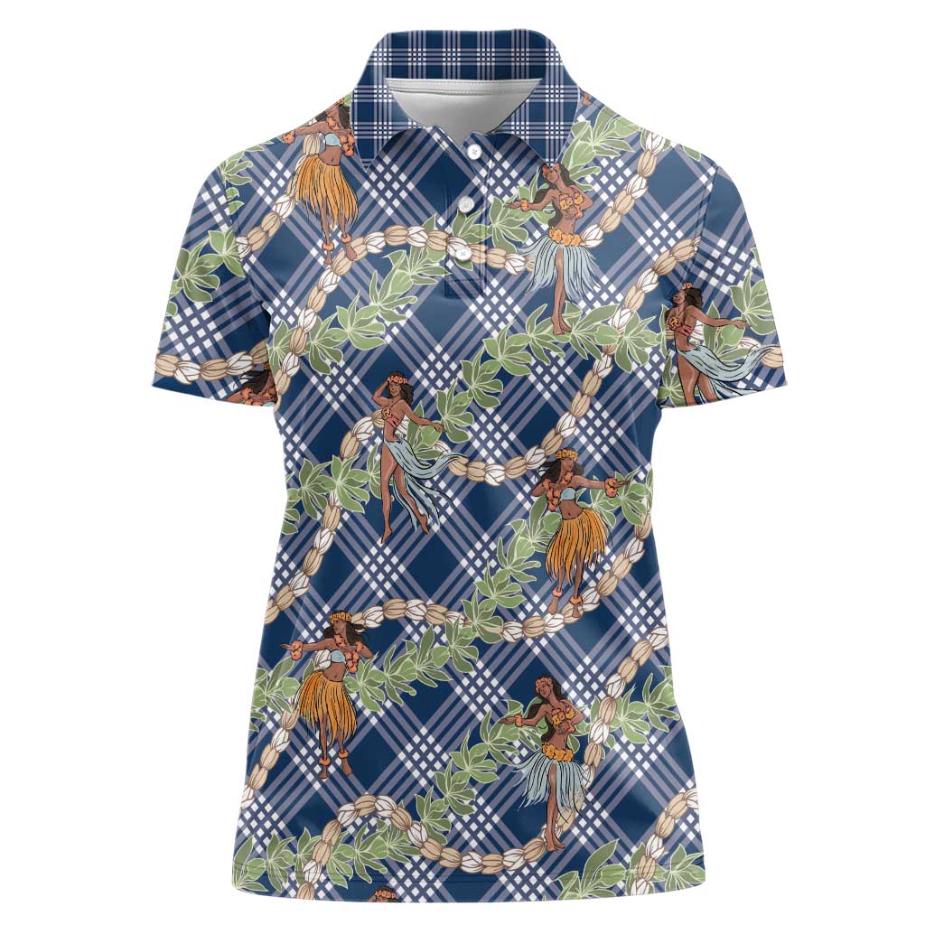 Navy Blue Palaka Hula Girls Seamless Hawaii Aloha Women Polo Shirt - Polynesian Pride