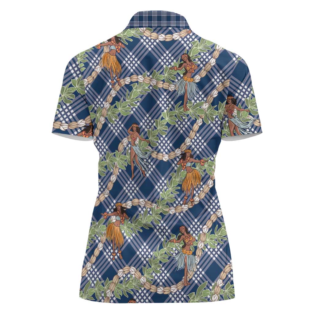 Navy Blue Palaka Hula Girls Seamless Hawaii Aloha Women Polo Shirt - Polynesian Pride