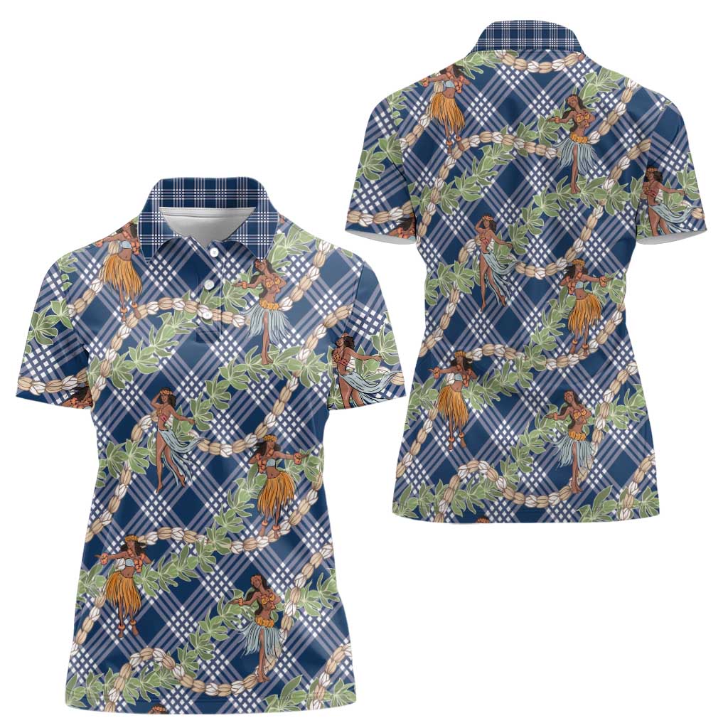 Navy Blue Palaka Hula Girls Seamless Hawaii Aloha Women Polo Shirt - Polynesian Pride