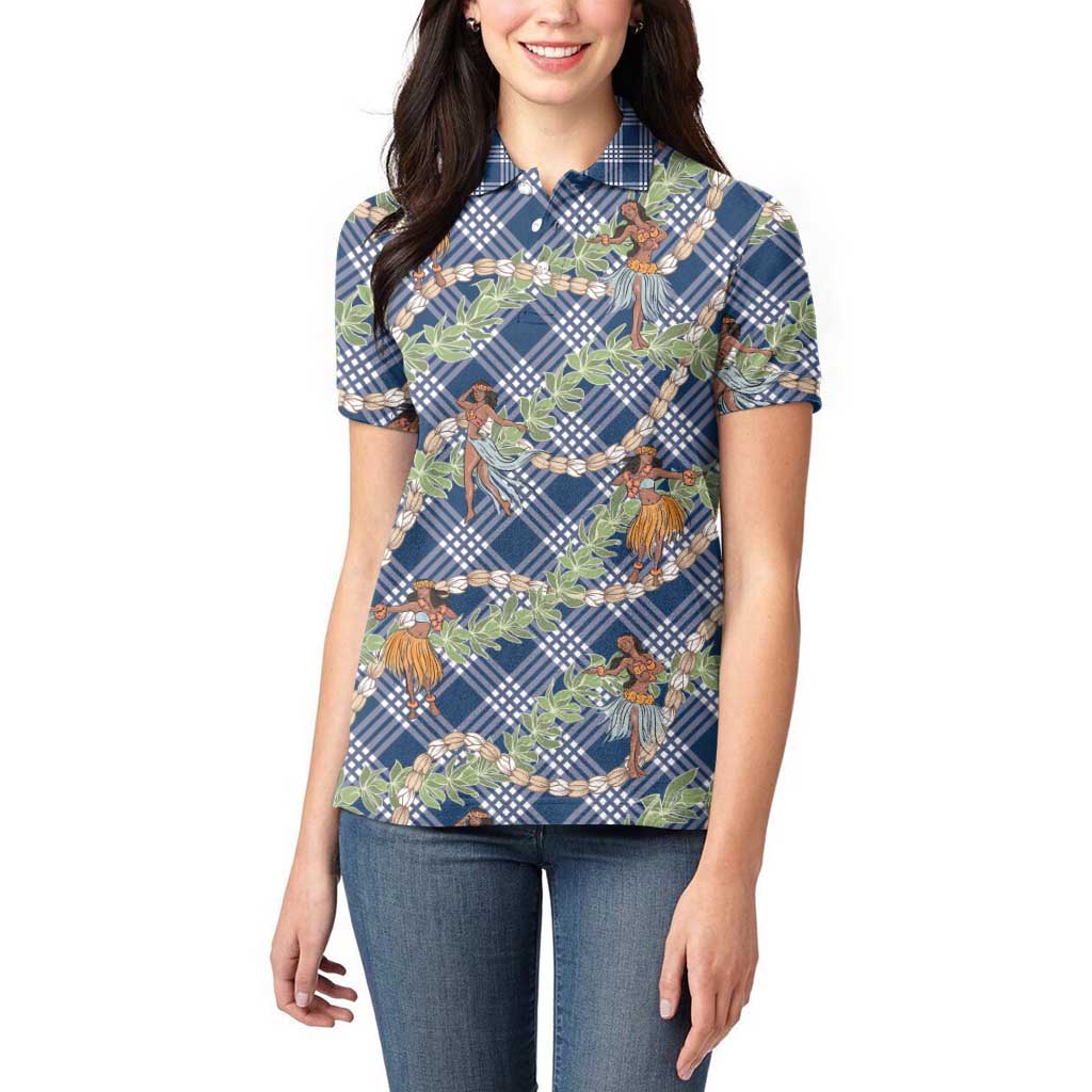 Navy Blue Palaka Hula Girls Seamless Hawaii Aloha Women Polo Shirt - Polynesian Pride