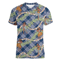 Navy Blue Palaka Hula Girls Seamless Hawaii Aloha Women V-Neck T-Shirt - Polynesian Pride