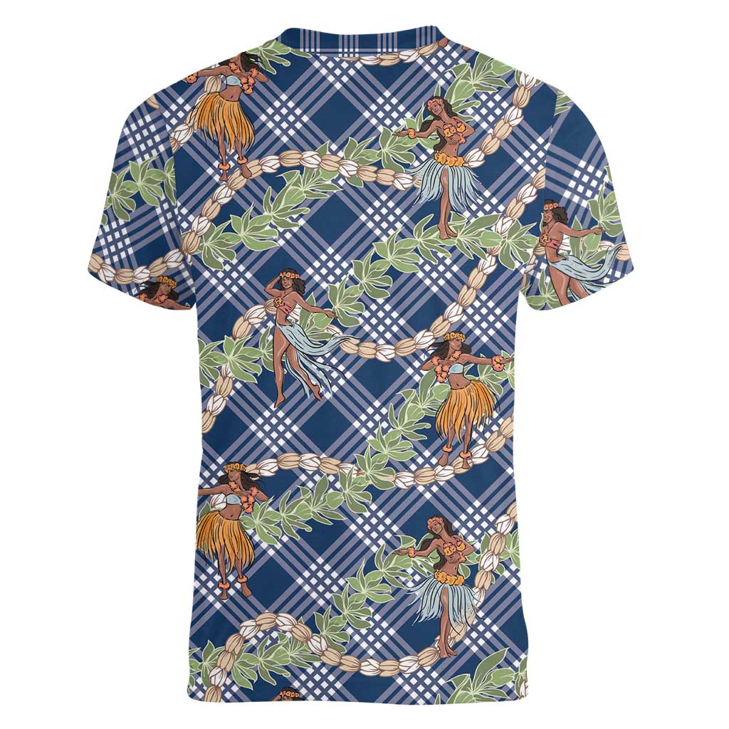 Navy Blue Palaka Hula Girls Seamless Hawaii Aloha Women V-Neck T-Shirt - Polynesian Pride