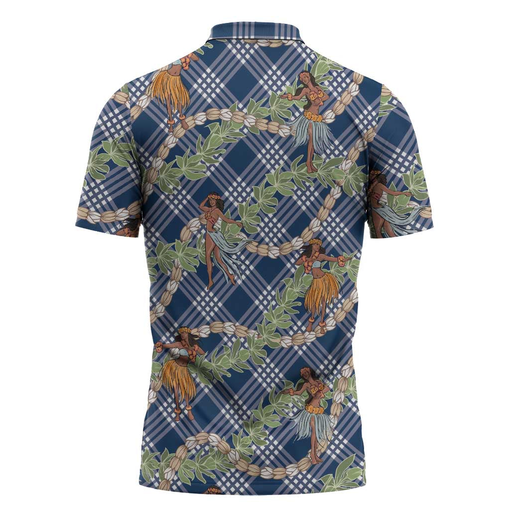 Navy Blue Palaka Hula Girls Seamless Hawaii Aloha Zipper Polo Shirt - Polynesian Pride