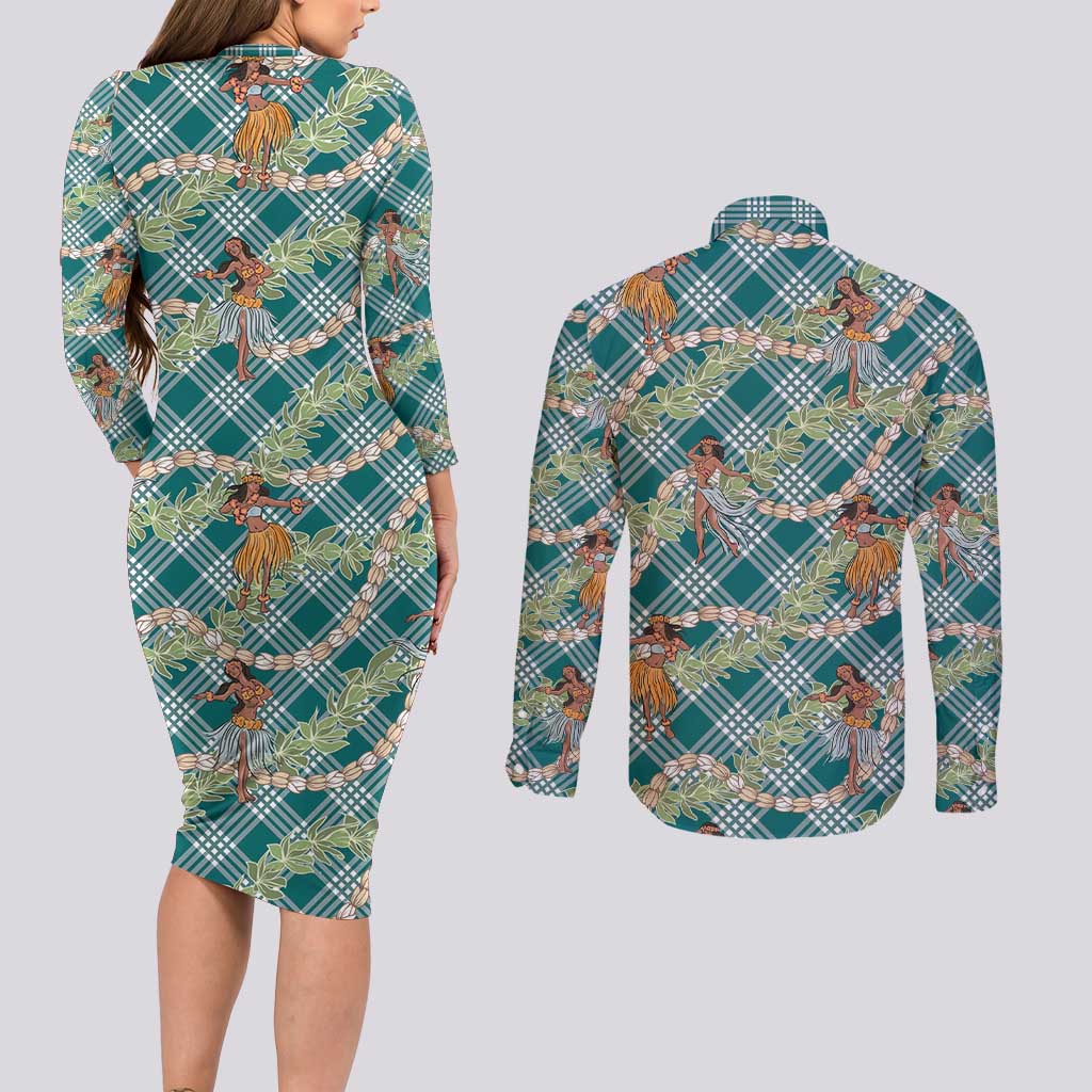 Teal Palaka Hula Girls Seamless Hawaii Aloha Couples Matching Long Sleeve Bodycon Dress and Long Sleeve Button Shirt - Polynesian Pride