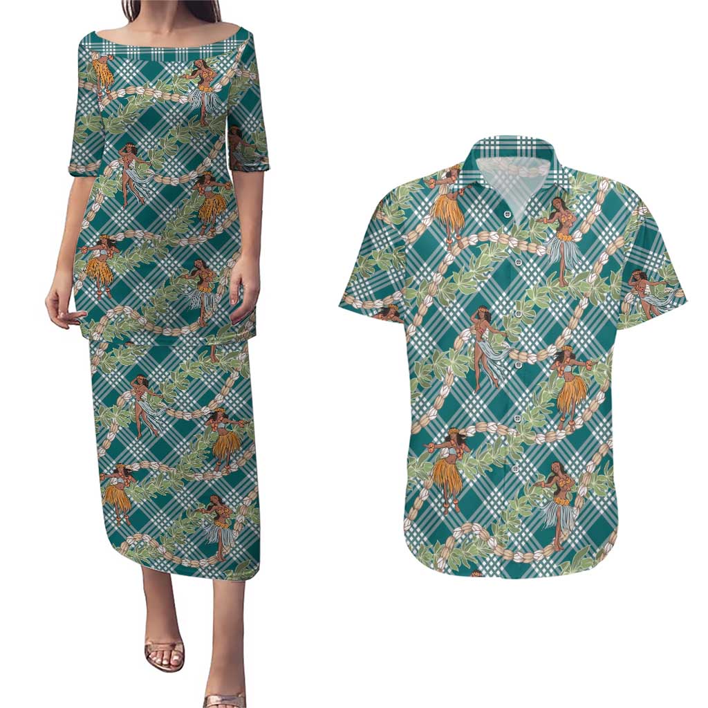 Teal Palaka Hula Girls Seamless Hawaii Aloha Couples Matching Puletasi and Hawaiian Shirt - Polynesian Pride
