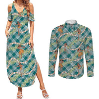 Teal Palaka Hula Girls Seamless Hawaii Aloha Couples Matching Summer Maxi Dress and Long Sleeve Button Shirt - Polynesian Pride