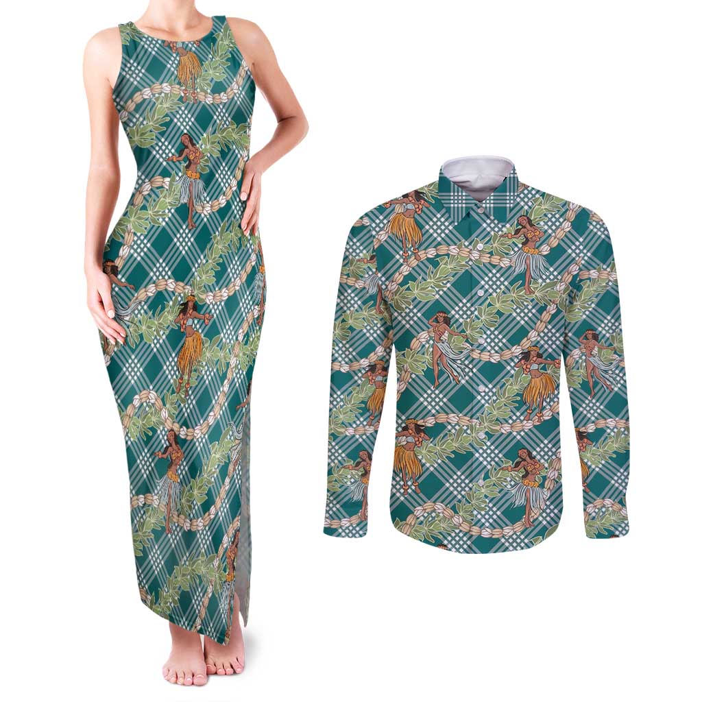 Teal Palaka Hula Girls Seamless Hawaii Aloha Couples Matching Tank Maxi Dress and Long Sleeve Button Shirt - Polynesian Pride