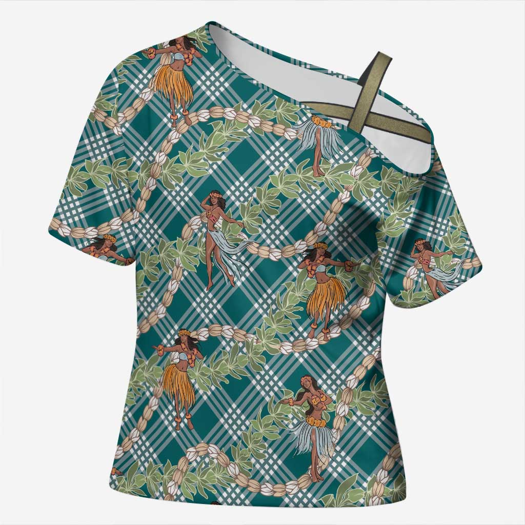 Teal Palaka Hula Girls Seamless Hawaii Aloha Cross Shoulder Shirt - Polynesian Pride