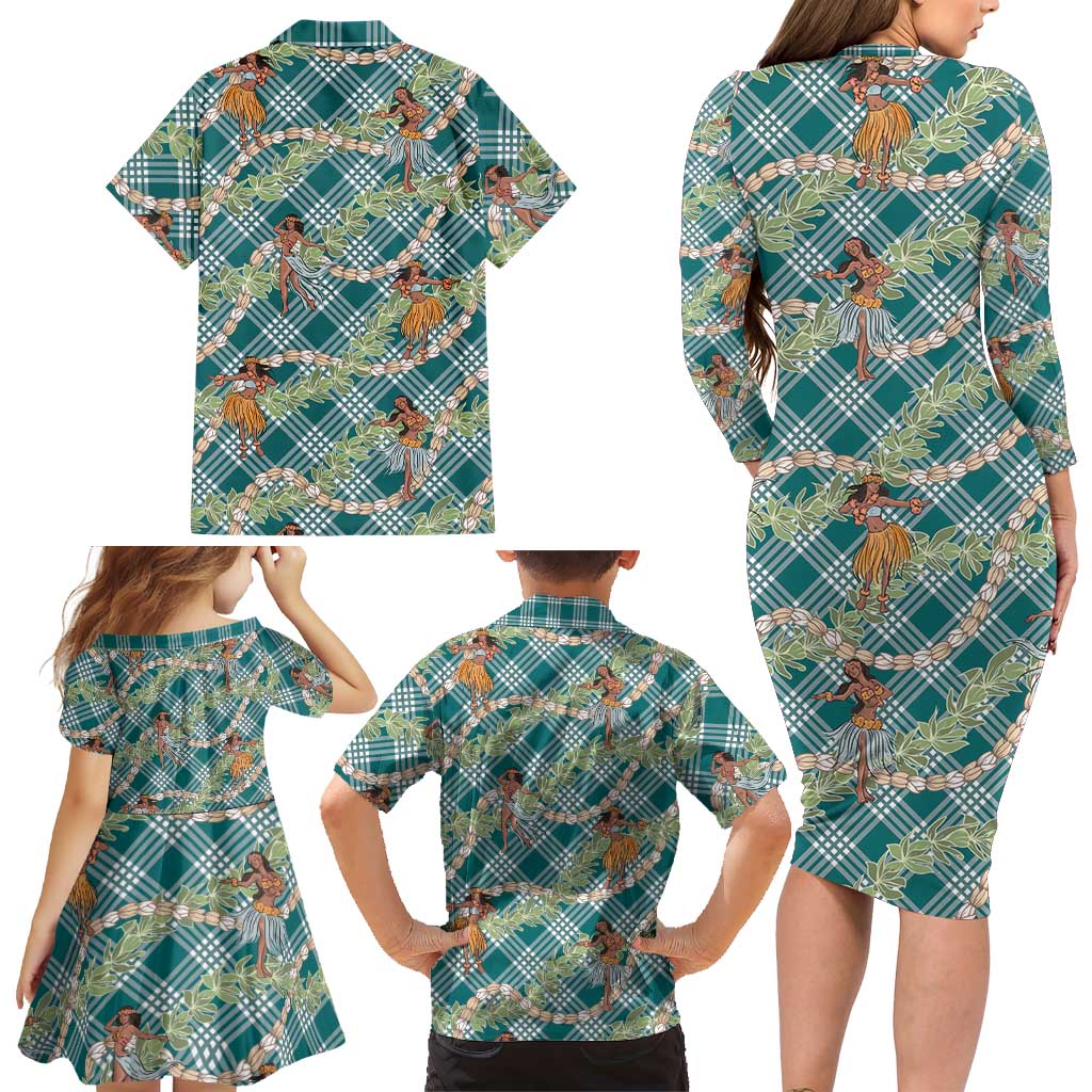 Teal Palaka Hula Girls Seamless Hawaii Aloha Family Matching Long Sleeve Bodycon Dress and Hawaiian Shirt - Polynesian Pride