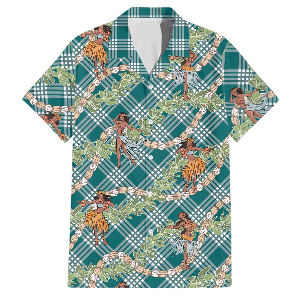 Teal Palaka Hula Girls Seamless Hawaii Aloha Family Matching Long Sleeve Bodycon Dress and Hawaiian Shirt - Polynesian Pride