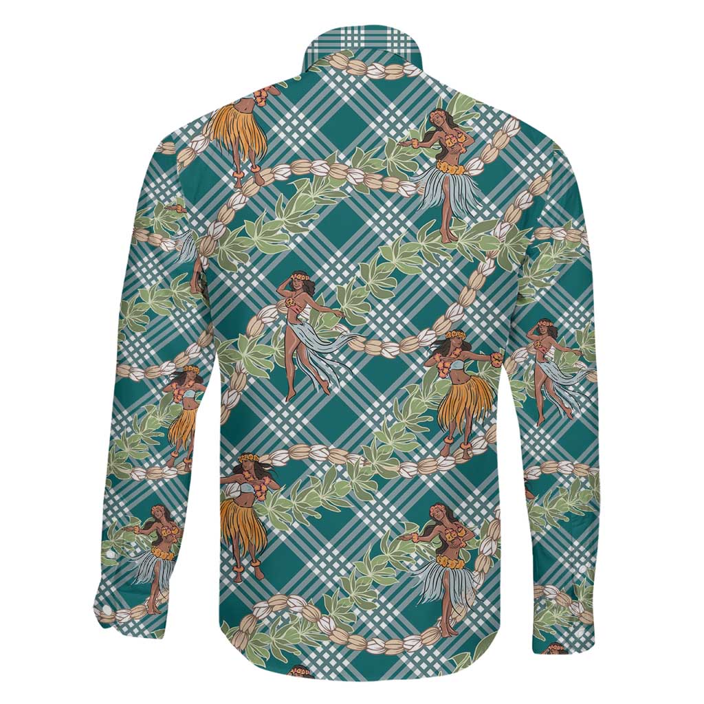 Teal Palaka Hula Girls Seamless Hawaii Aloha Family Matching Long Sleeve Bodycon Dress and Hawaiian Shirt - Polynesian Pride