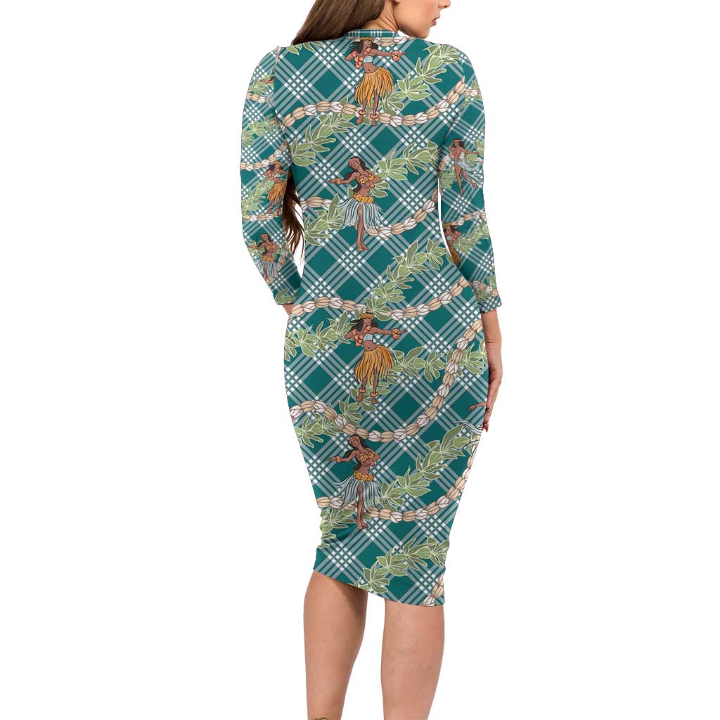 Teal Palaka Hula Girls Seamless Hawaii Aloha Family Matching Long Sleeve Bodycon Dress and Hawaiian Shirt - Polynesian Pride