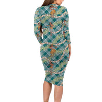 Teal Palaka Hula Girls Seamless Hawaii Aloha Family Matching Long Sleeve Bodycon Dress and Hawaiian Shirt - Polynesian Pride
