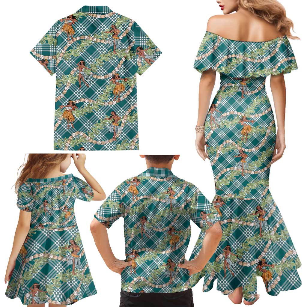 Teal Palaka Hula Girls Seamless Hawaii Aloha Family Matching Mermaid Dress and Hawaiian Shirt - Polynesian Pride