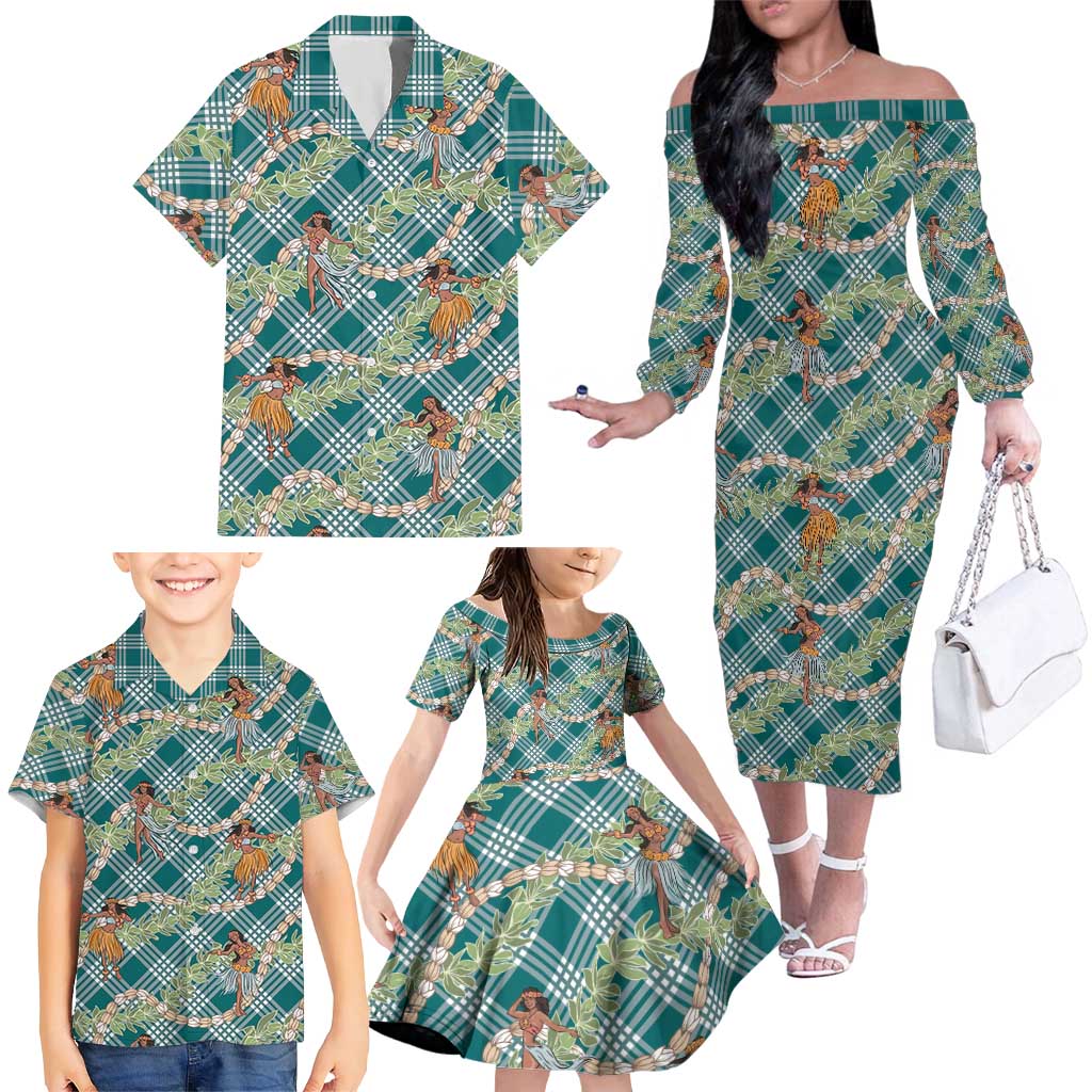 Teal Palaka Hula Girls Seamless Hawaii Aloha Family Matching Off The Shoulder Long Sleeve Dress and Hawaiian Shirt - Polynesian Pride