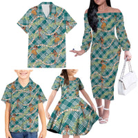 Teal Palaka Hula Girls Seamless Hawaii Aloha Family Matching Off The Shoulder Long Sleeve Dress and Hawaiian Shirt - Polynesian Pride
