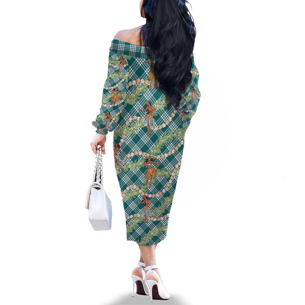Teal Palaka Hula Girls Seamless Hawaii Aloha Family Matching Off The Shoulder Long Sleeve Dress and Hawaiian Shirt - Polynesian Pride