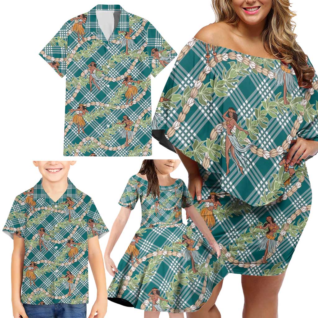 Teal Palaka Hula Girls Seamless Hawaii Aloha Family Matching Off Shoulder Short Dress and Hawaiian Shirt - Polynesian Pride