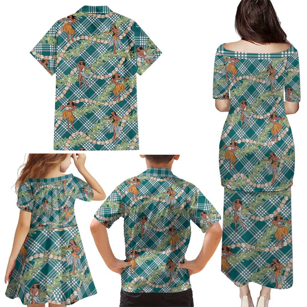 Teal Palaka Hula Girls Seamless Hawaii Aloha Family Matching Puletasi and Hawaiian Shirt - Polynesian Pride