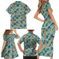 Teal Palaka Hula Girls Seamless Hawaii Aloha Family Matching Short Sleeve Bodycon Dress and Hawaiian Shirt - Polynesian Pride