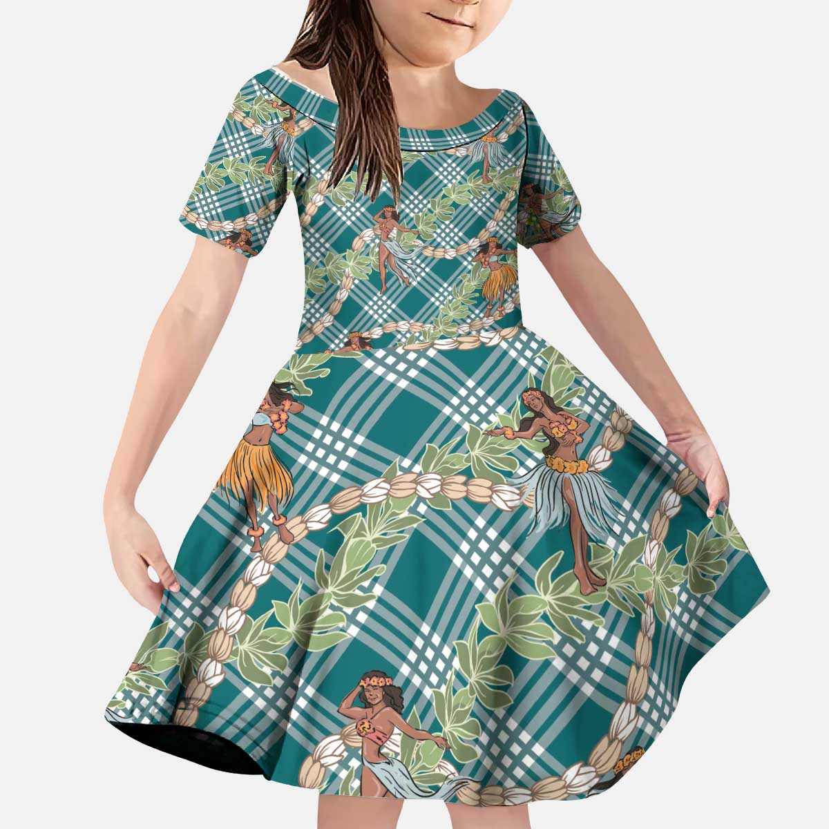 Teal Palaka Hula Girls Seamless Hawaii Aloha Kid Short Sleeve Dress - Polynesian Pride