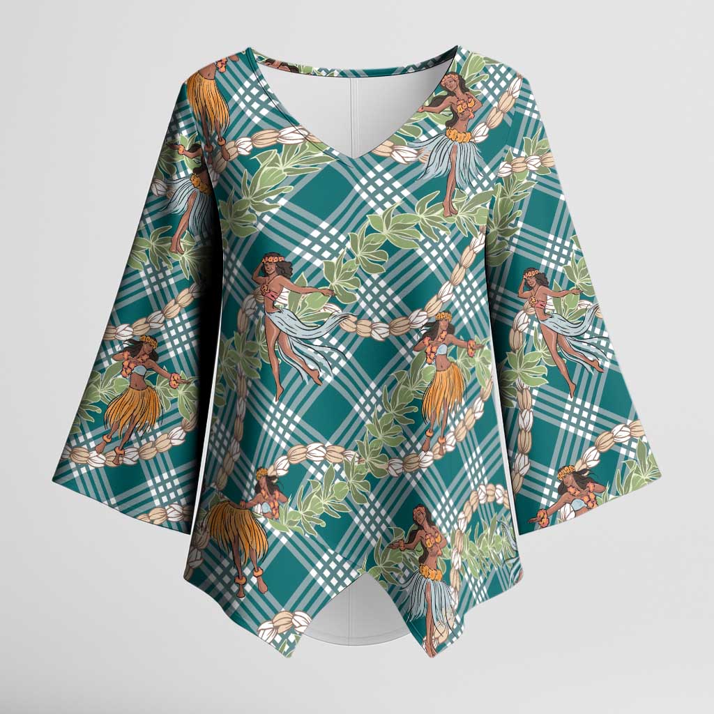 Teal Palaka Hula Girls Seamless Hawaii Aloha Kimono Sleeve Blouse LT7 Female Teal - Polynesian Pride