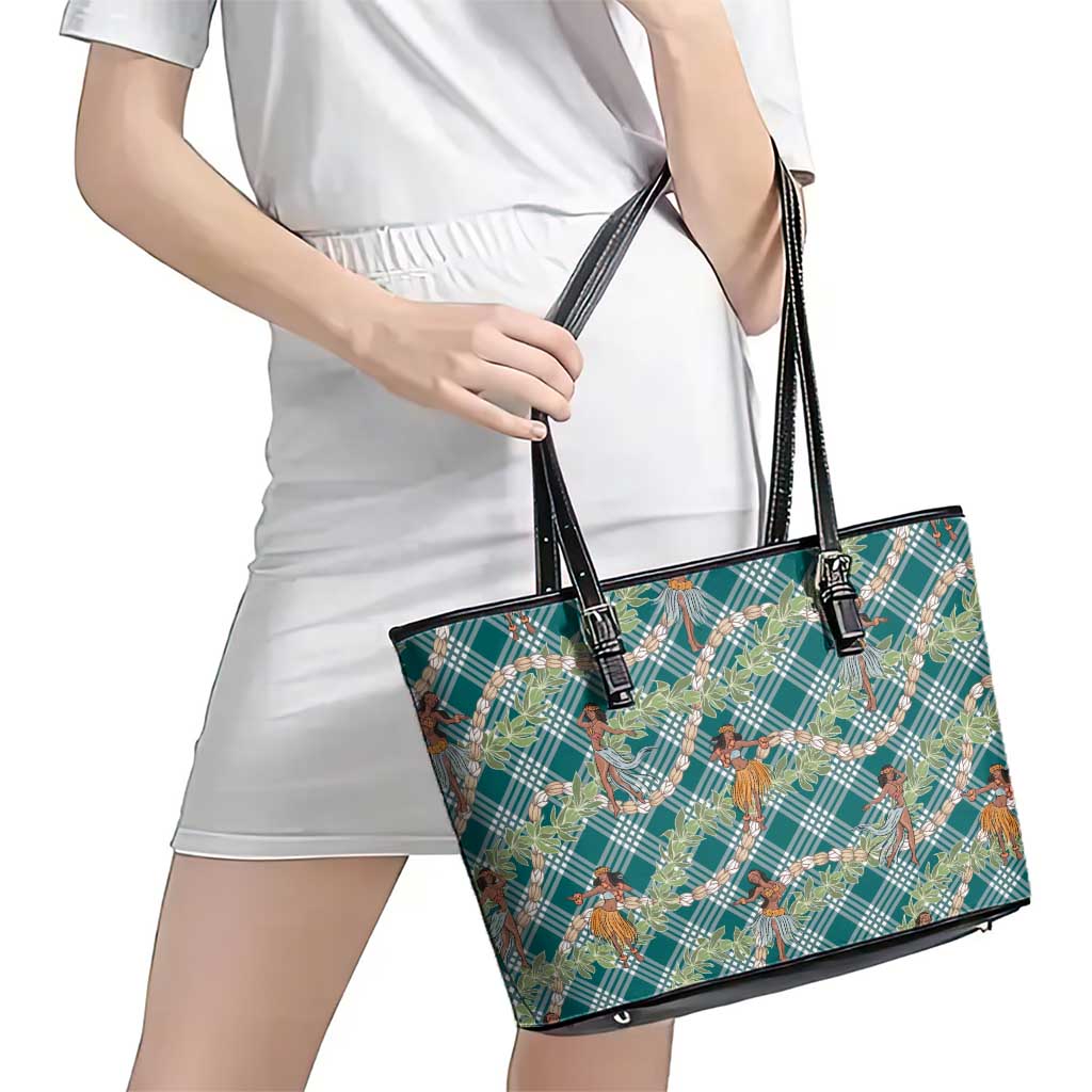 Teal Palaka Hula Girls Seamless Hawaii Aloha Leather Tote Bag - Polynesian Pride