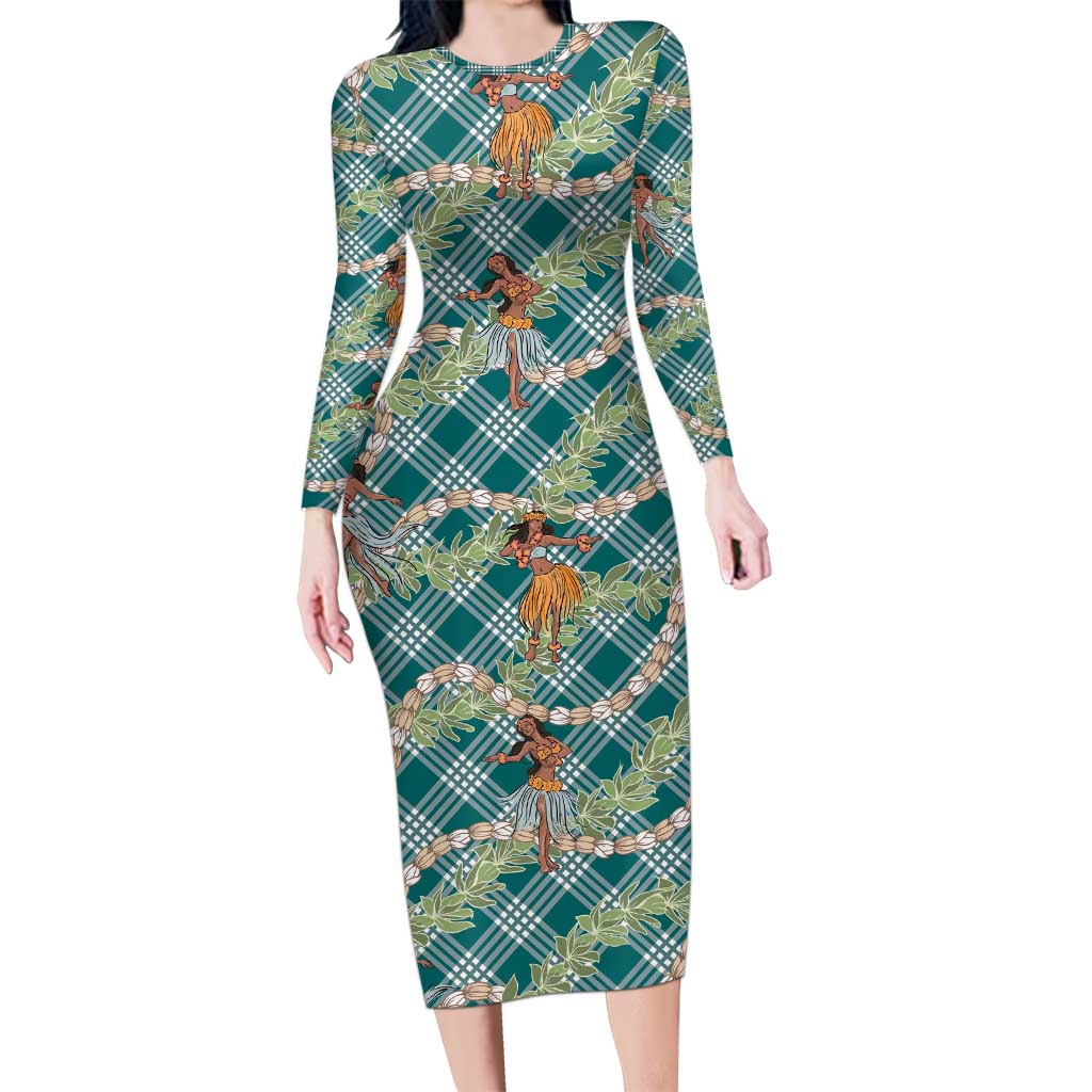 Teal Palaka Hula Girls Seamless Hawaii Aloha Long Sleeve Bodycon Dress - Polynesian Pride