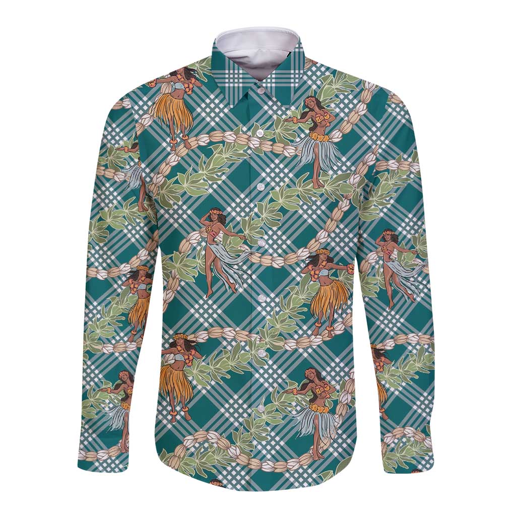 Teal Palaka Hula Girls Seamless Hawaii Aloha Long Sleeve Button Shirt LT7 Unisex Teal - Polynesian Pride
