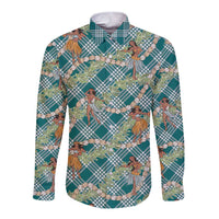 Teal Palaka Hula Girls Seamless Hawaii Aloha Long Sleeve Button Shirt LT7 Unisex Teal - Polynesian Pride