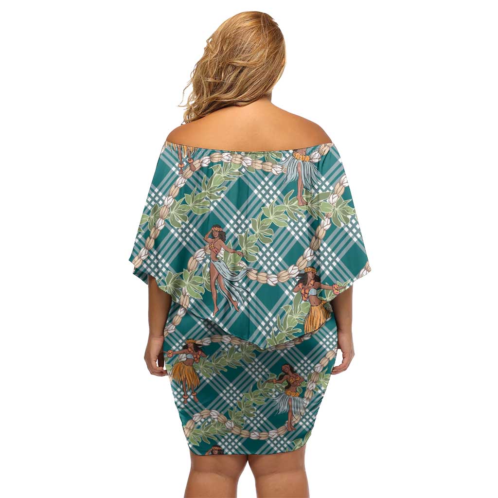 Teal Palaka Hula Girls Seamless Hawaii Aloha Off Shoulder Short Dress - Polynesian Pride