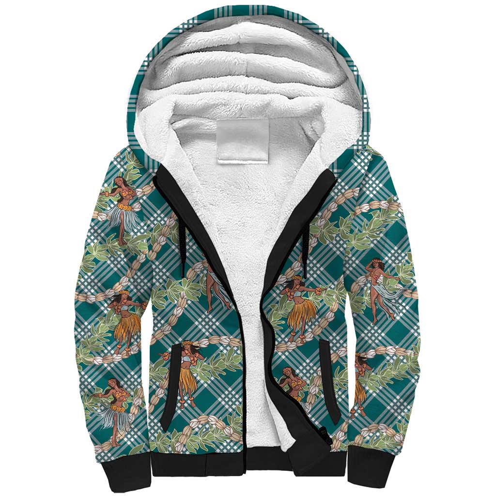 Teal Palaka Hula Girls Seamless Hawaii Aloha Sherpa Hoodie - Polynesian Pride
