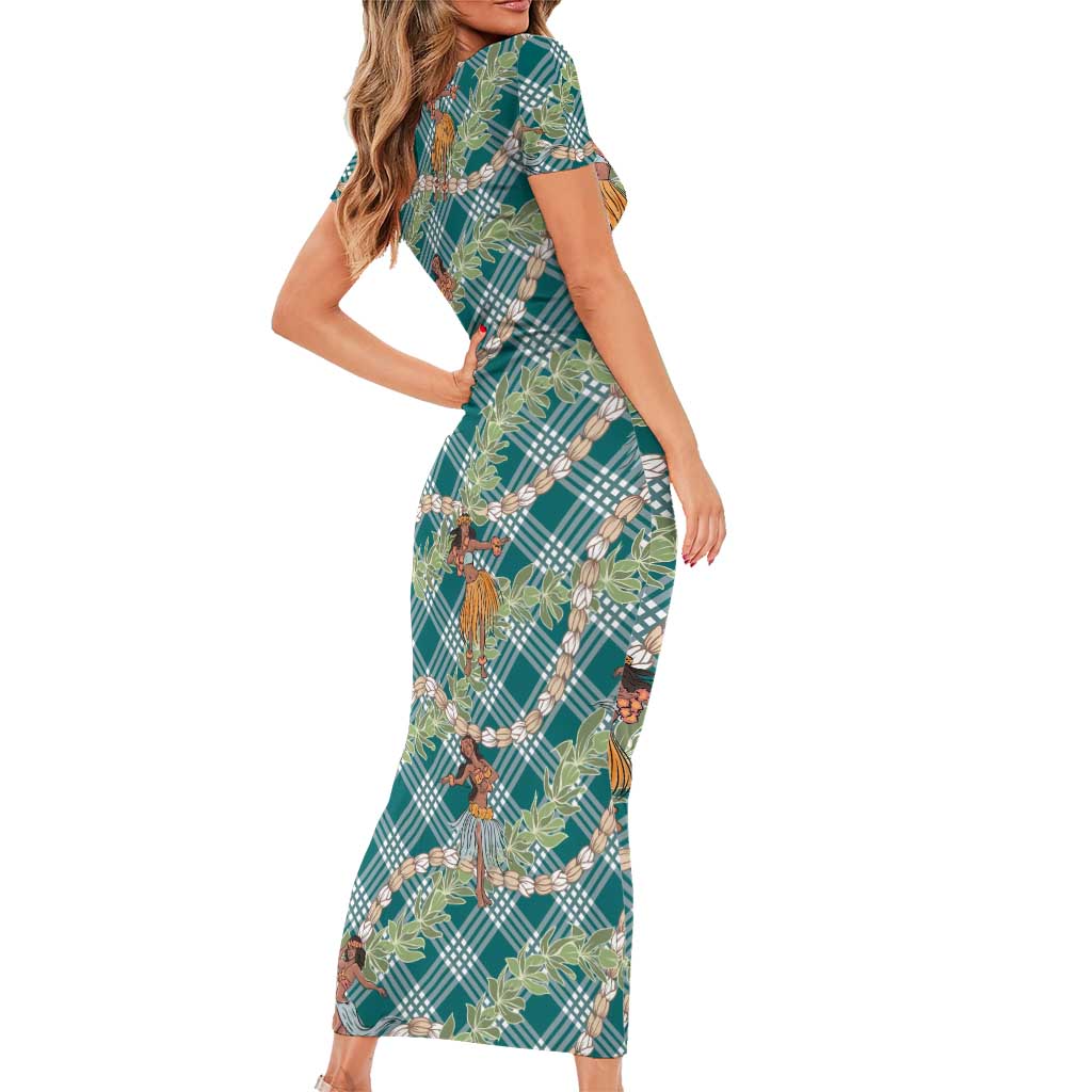 Teal Palaka Hula Girls Seamless Hawaii Aloha Short Sleeve Bodycon Dress - Polynesian Pride