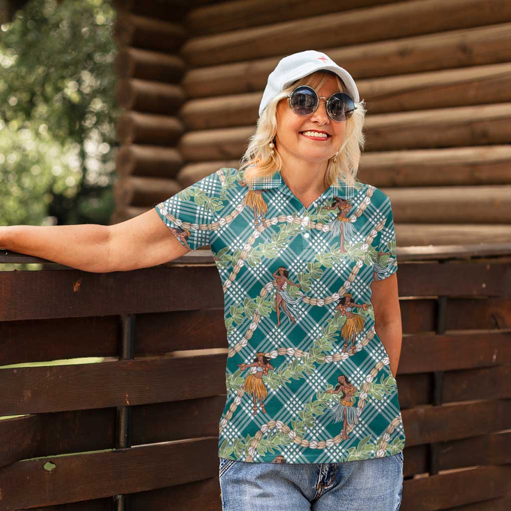 Teal Palaka Hula Girls Seamless Hawaii Aloha Women Polo Shirt - Polynesian Pride