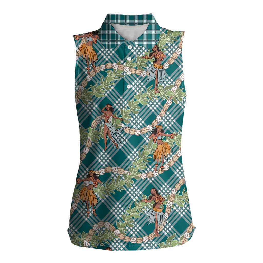 Teal Palaka Hula Girls Seamless Hawaii Aloha Women Sleeveless Polo Shirt - Polynesian Pride