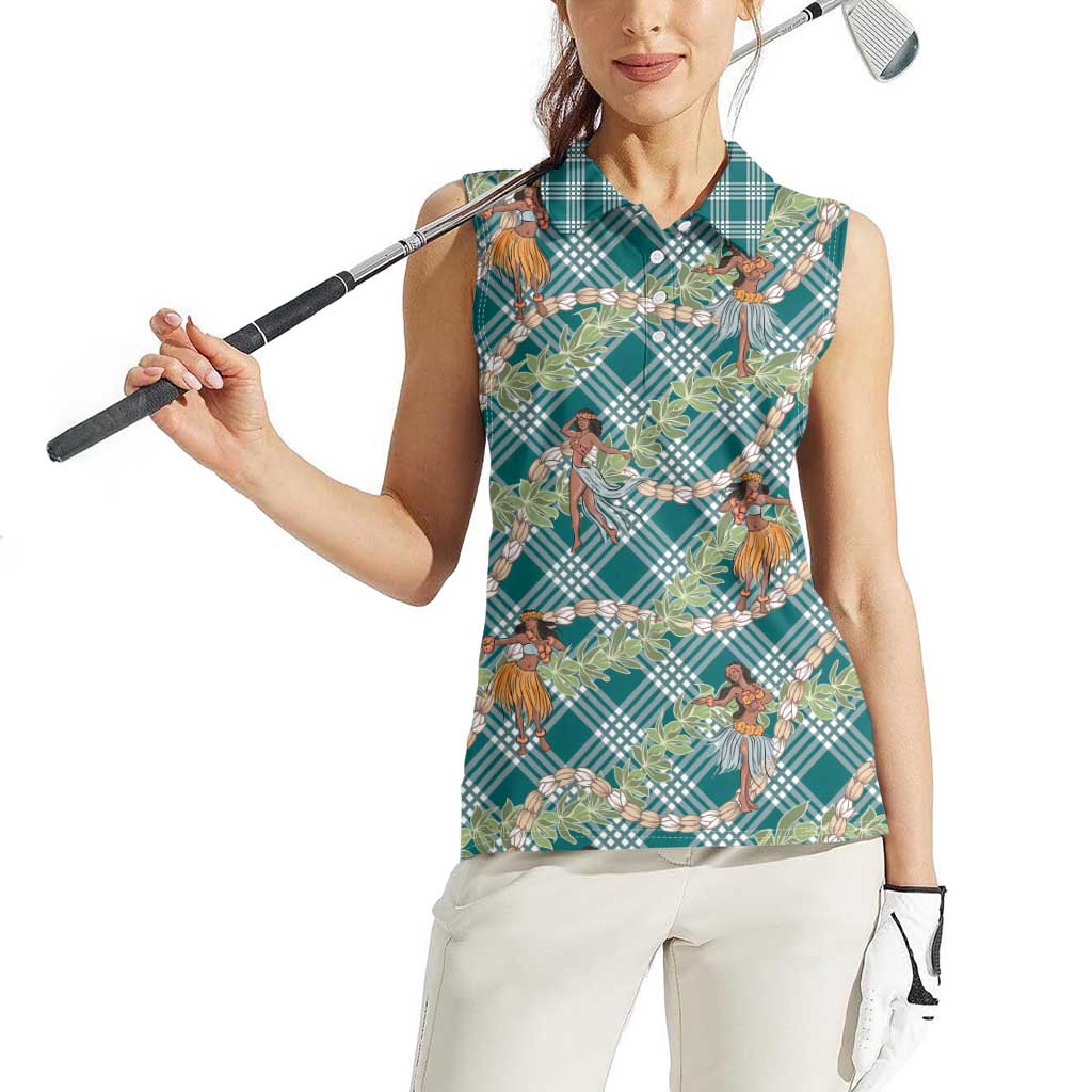 Teal Palaka Hula Girls Seamless Hawaii Aloha Women Sleeveless Polo Shirt - Polynesian Pride