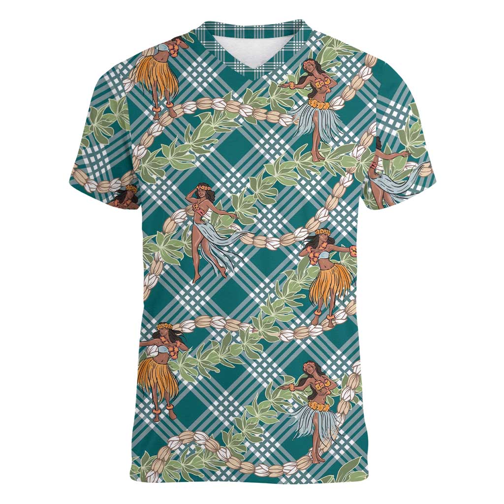 Teal Palaka Hula Girls Seamless Hawaii Aloha Women V-Neck T-Shirt - Polynesian Pride
