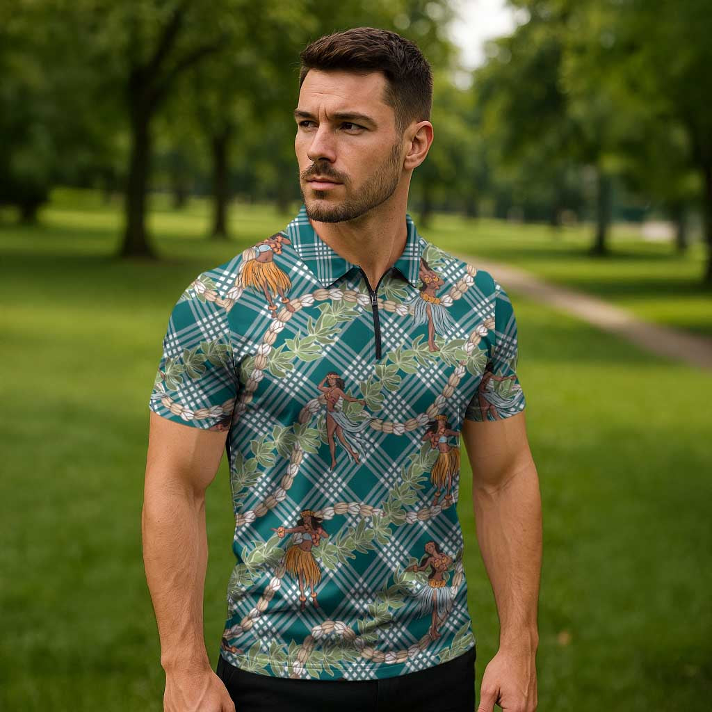 Teal Palaka Hula Girls Seamless Hawaii Aloha Zipper Polo Shirt - Polynesian Pride