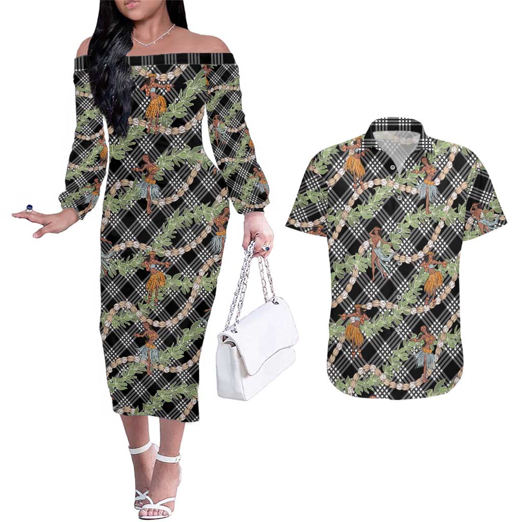 Sable Palaka Hula Girls Seamless Hawaii Aloha Couples Matching Off The Shoulder Long Sleeve Dress and Hawaiian Shirt - Polynesian Pride