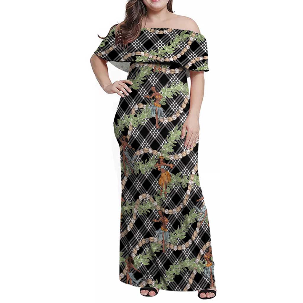 Sable Palaka Hula Girls Seamless Hawaii Aloha Family Matching Off Shoulder Maxi Dress and Hawaiian Shirt LT7 Mom's Dress Black - Polynesian Pride