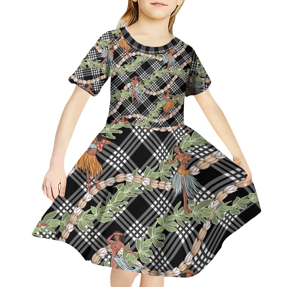 Sable Palaka Hula Girls Seamless Hawaii Aloha Kid Short Sleeve Dress - Polynesian Pride