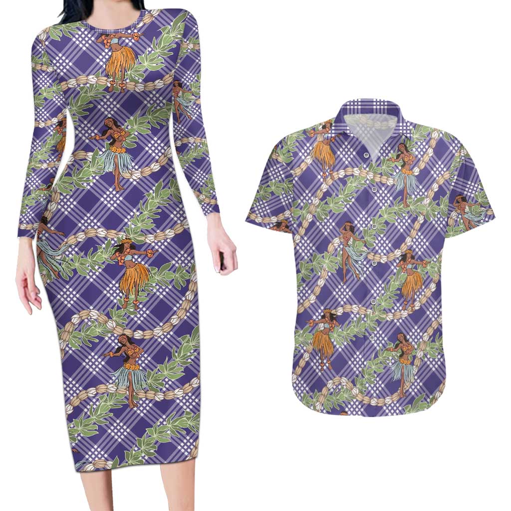Lavender Palaka Hula Girls Seamless Hawaii Aloha Couples Matching Long Sleeve Bodycon Dress and Hawaiian Shirt - Polynesian Pride