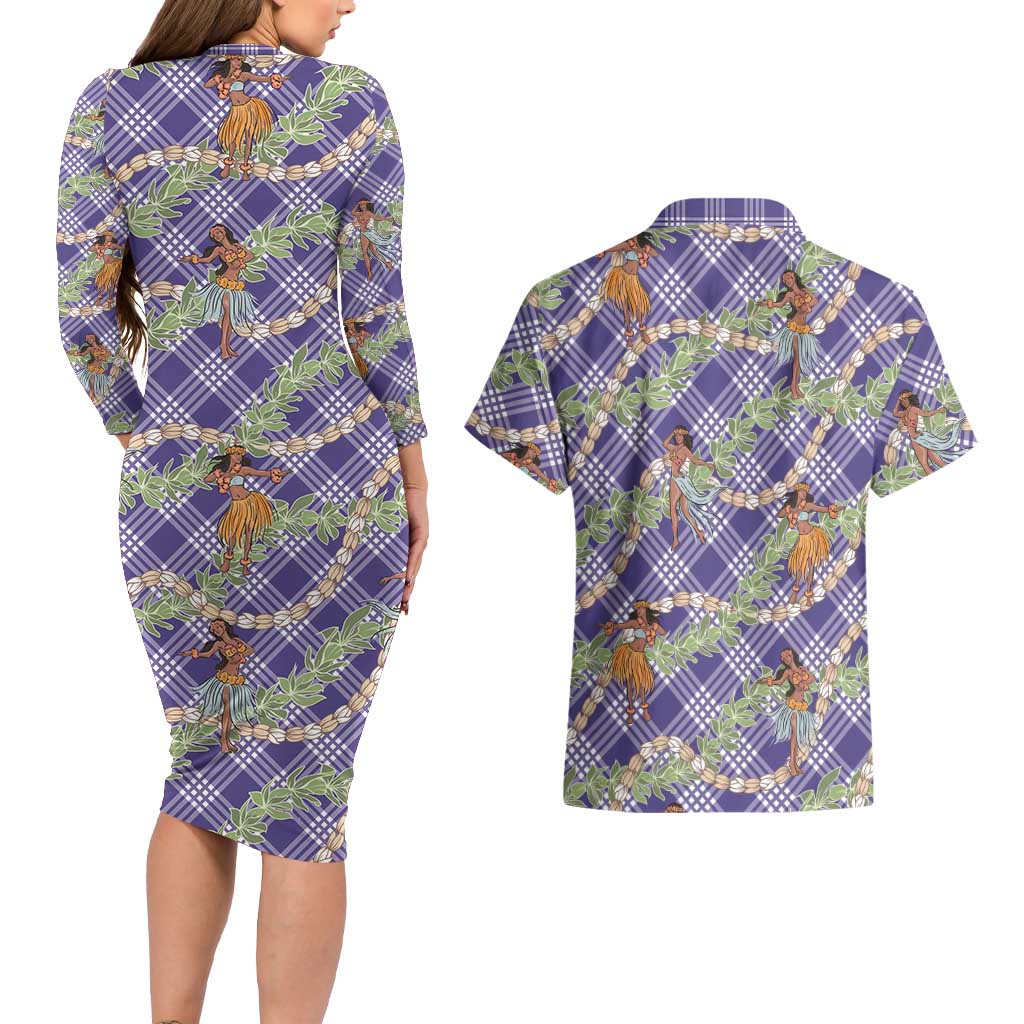 Lavender Palaka Hula Girls Seamless Hawaii Aloha Couples Matching Long Sleeve Bodycon Dress and Hawaiian Shirt - Polynesian Pride