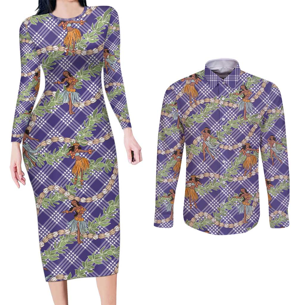 Lavender Palaka Hula Girls Seamless Hawaii Aloha Couples Matching Long Sleeve Bodycon Dress and Long Sleeve Button Shirt - Polynesian Pride