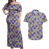 Lavender Palaka Hula Girls Seamless Hawaii Aloha Couples Matching Off Shoulder Maxi Dress and Hawaiian Shirt - Polynesian Pride